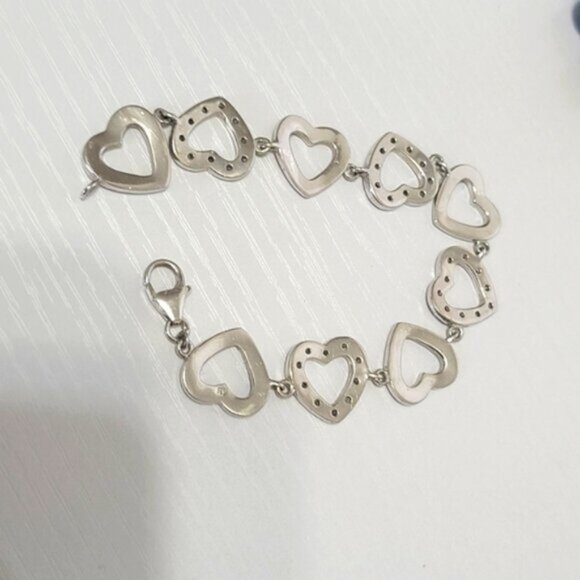 Vintage Sterling Silver Chain Link Crystal Rhinestone Heart Bracelet - Picture 4 of 12